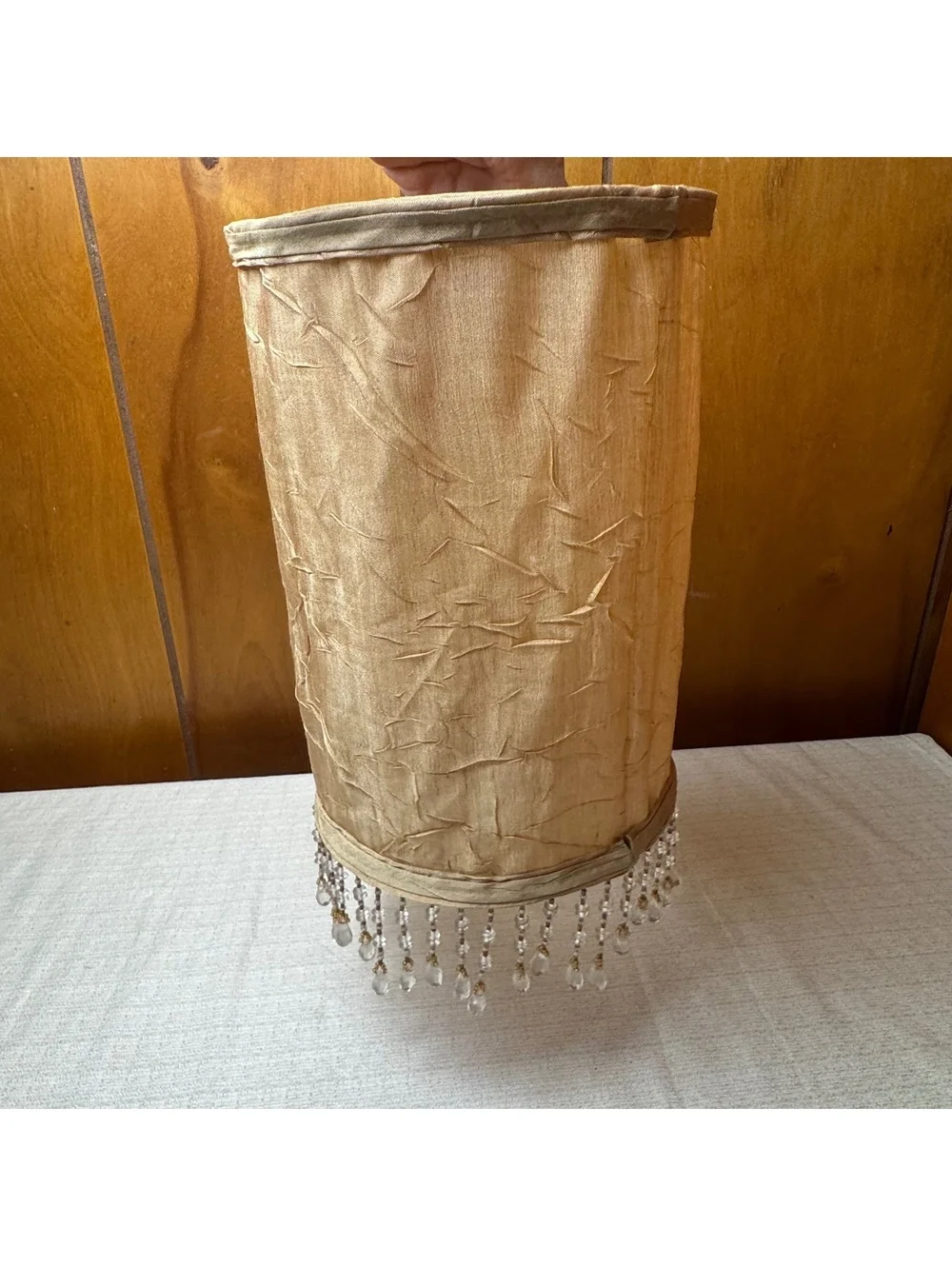 Vintage Gold Silk Bell Lamp Shade With Beaded Crystal Fringe 7 Inch